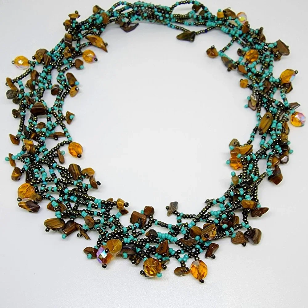 Artisan Turquoise Amber Tiger Eye 6 Strand Beaded Statement Collar Necklace